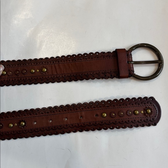 Danier Brown Leather Belt Gold Studs Brass Circle Buckle Size Medium - Picture 9 of 14